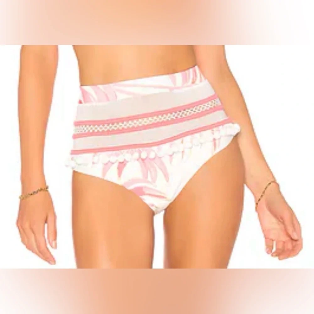 NWT Tularosa Swim Pom Pom Bikini Bottoms Pink White Palm‎ Print Tropical Mesh XS